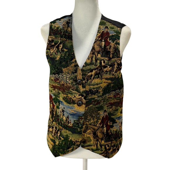 Vintage Western Fleur Bleue Tapestry Vest Equestrian Fox Hunt Scene Waistcoat - Picture 3 of 7
